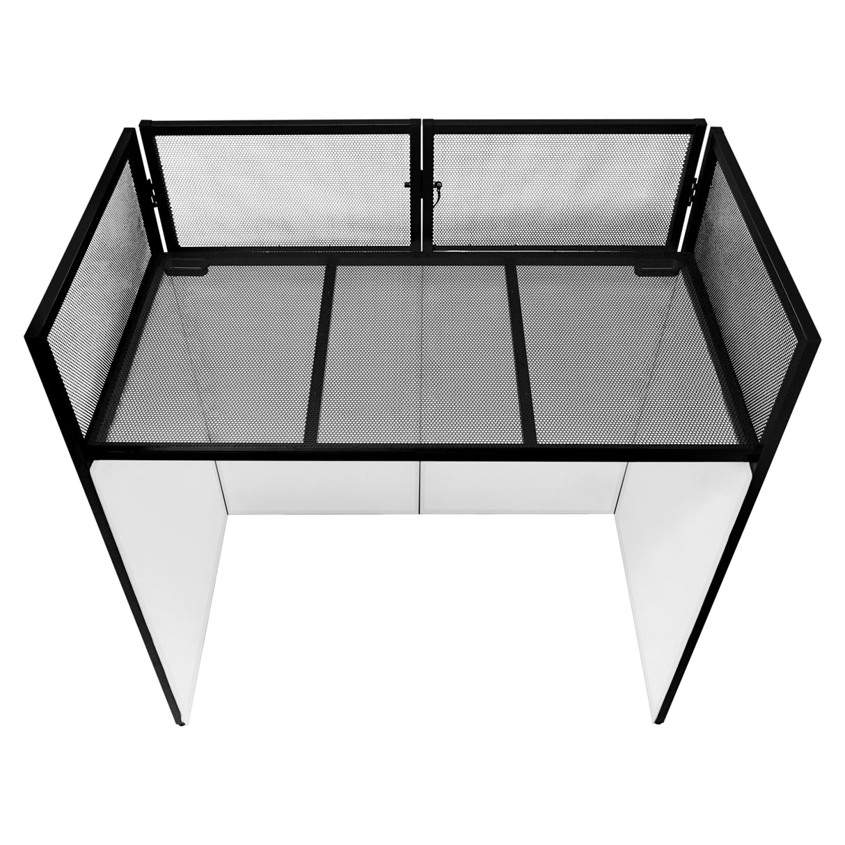 Façade pour stand DJ en métal noir avec grille, surface lisse et blanche, design moderne et épuré, idéale pour événements musicaux