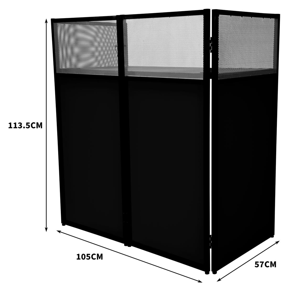 Façade pour stand DJ en métal noir, dimensions 113,5 cm de hauteur, 105 cm de largeur et 57 cm de profondeur, avec des panneaux en maille