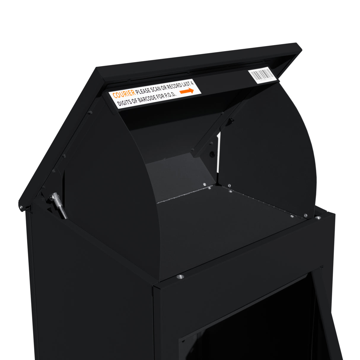 Boîte à colis anti-vol noire, conçue pour un montage à plat, avec un couvercle incliné et une fente d'ouverture sécurisée