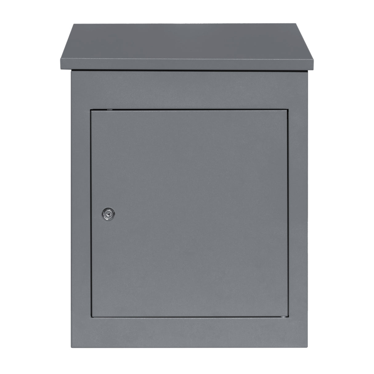 Boîte à colis anti-vol grise, en métal, avec une porte sécurisée et un design compact, idéale pour la livraison à plat