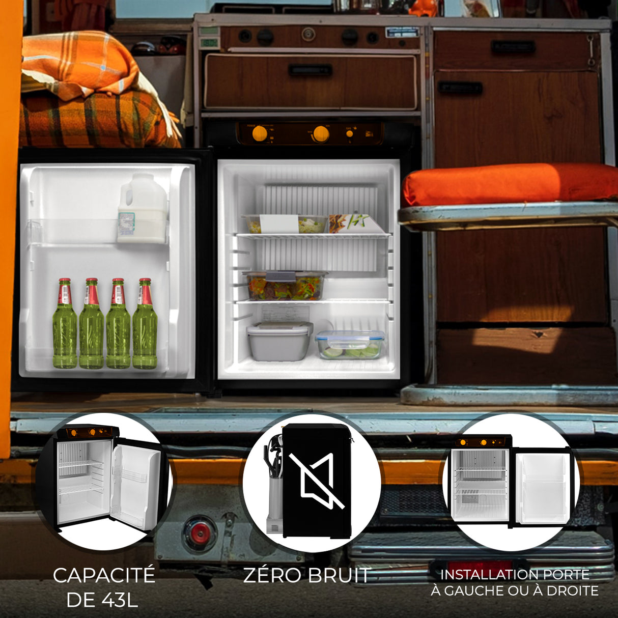 Frigo trimixte noir de 43 L pour camping-car, intérieur blanc avec étagères, bouteilles et compartiments, design compact et moderne