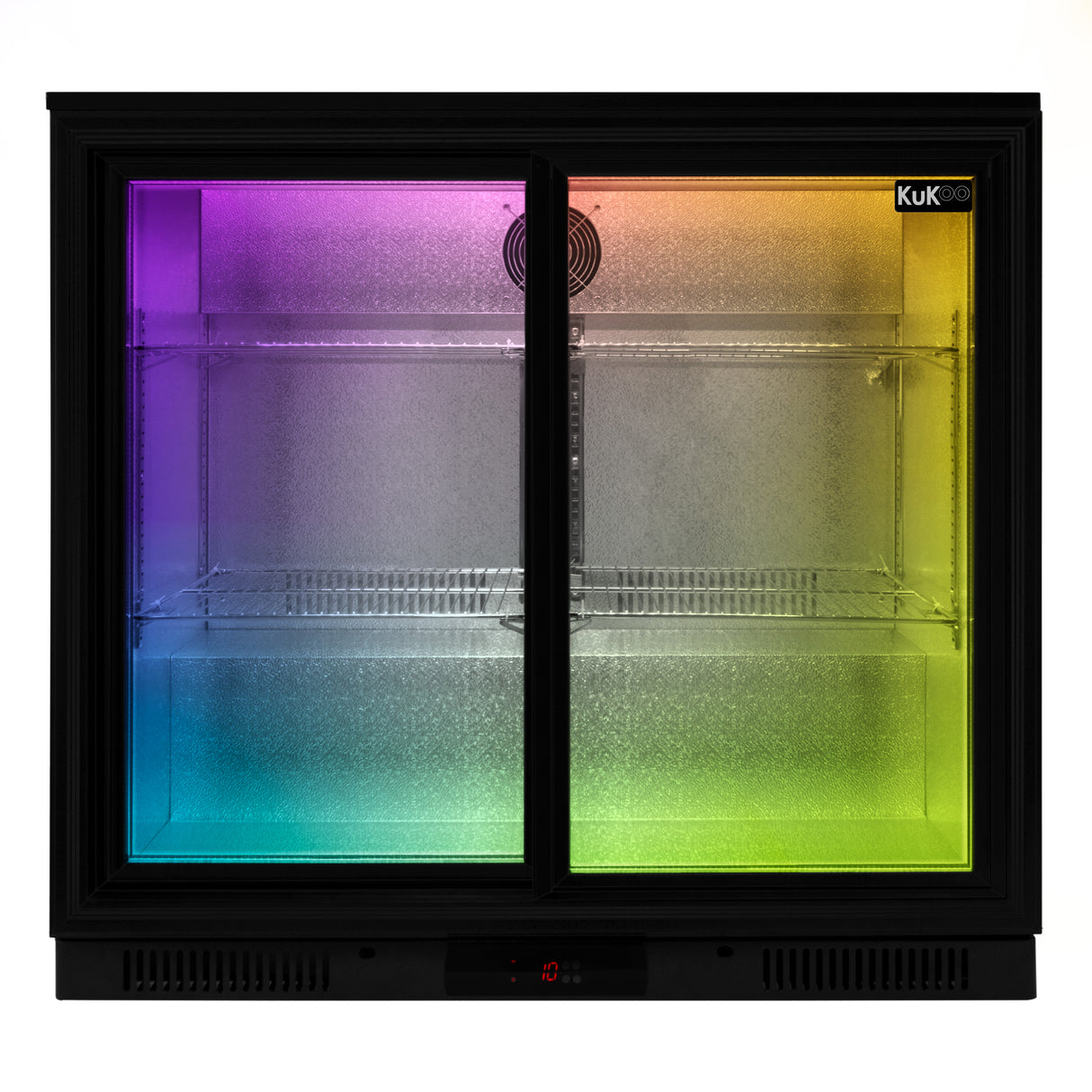 Arrière-bar réfrigéré avec porte coulissante double, finition noire, éclairage LED multicolore, étagères en verre transparent