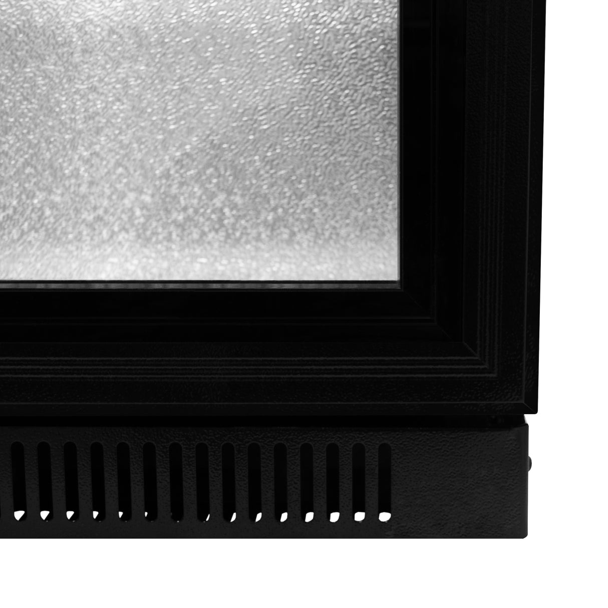 Arrière-bar réfrigéré avec porte coulissante double, finition noire, verre texturé, design moderne et élégant pour un rangement optimal