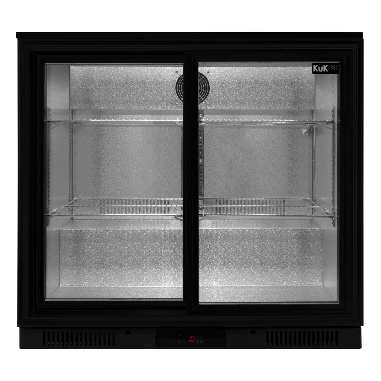 Arrière-bar réfrigéré avec porte coulissante double, finition noire, intérieur en acier inoxydable, étagères en verre transparent
