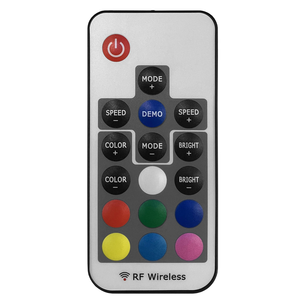 Télécommande sans fil avec boutons colorés pour contrôler l'éclairage, incluant des options de vitesse et de mode, sur fond blanc