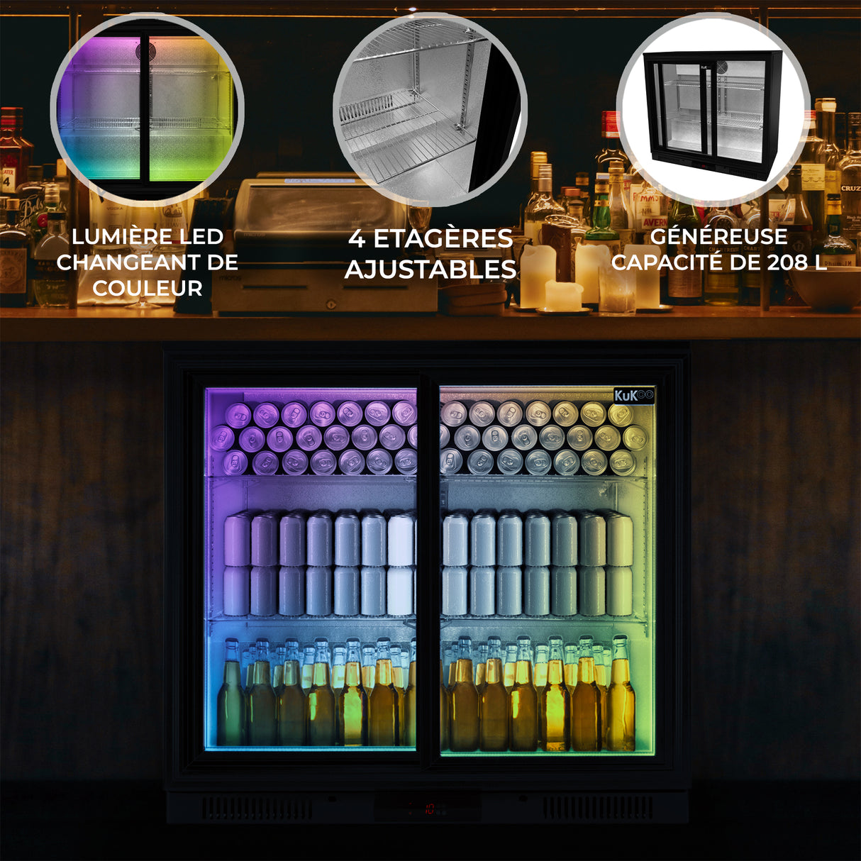 Arrière-bar réfrigéré avec porte coulissante double, éclairage LED coloré, 4 étagères ajustables, capacité de 208 L