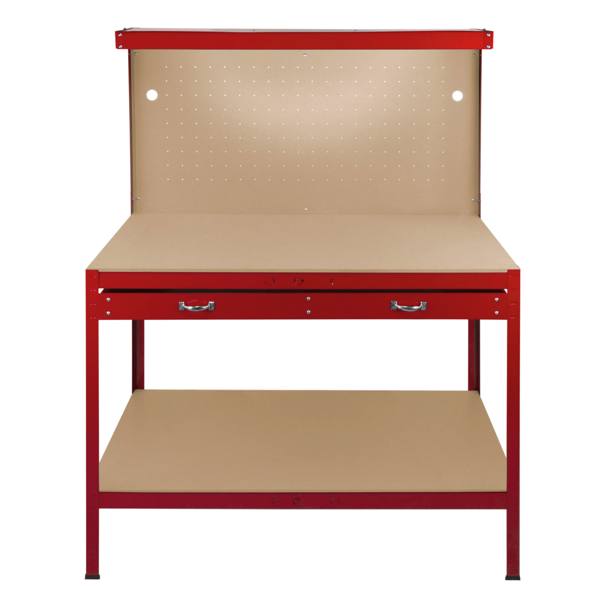 Établi de travail rouge de 120 cm avec tiroir, surface beige lisse et éclairage LED blanc froid, idéal pour bricolage et rangement