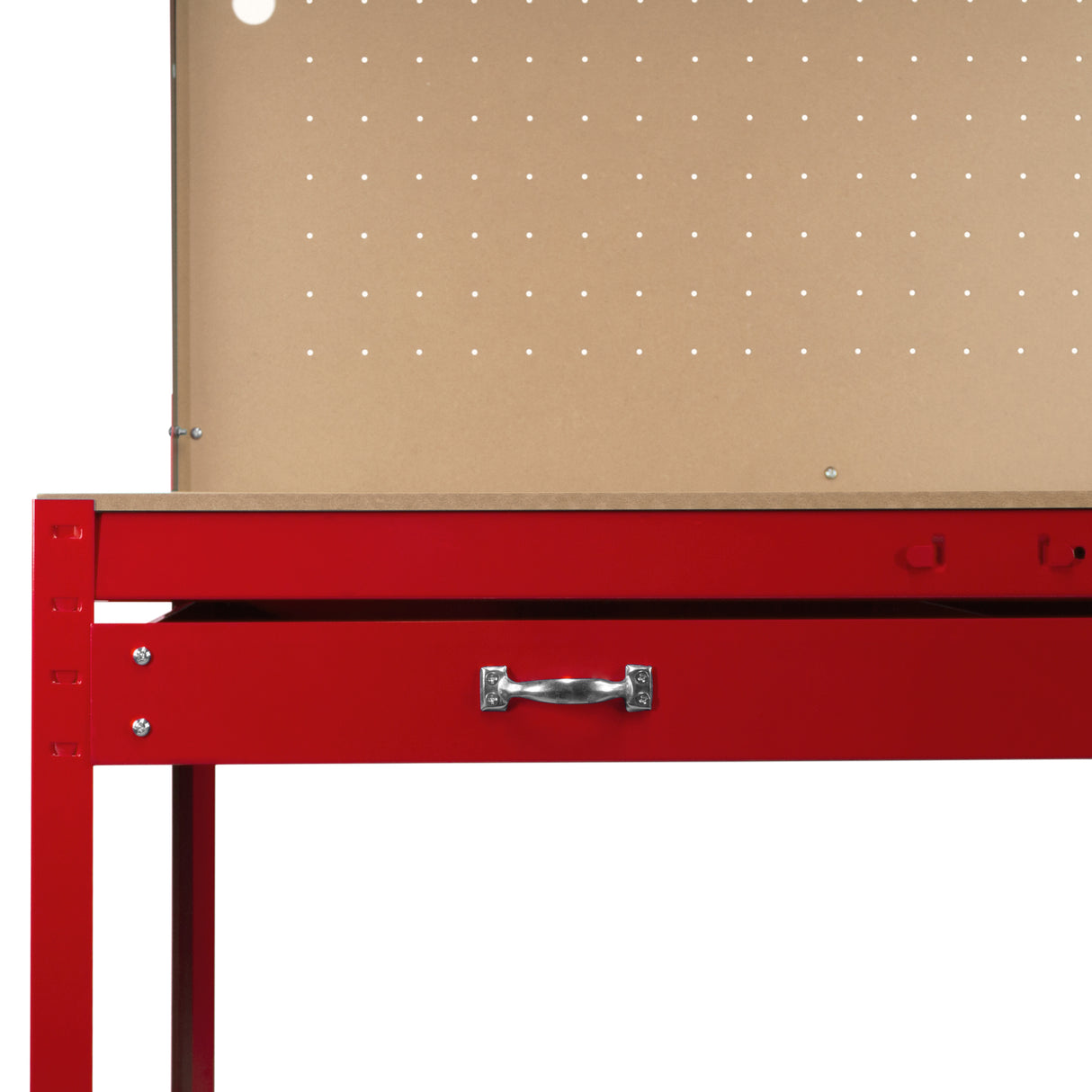 Établi de travail rouge en acier de 120 cm avec tiroir, panneau perforé et éclairage LED blanc froid, surface lisse et robuste