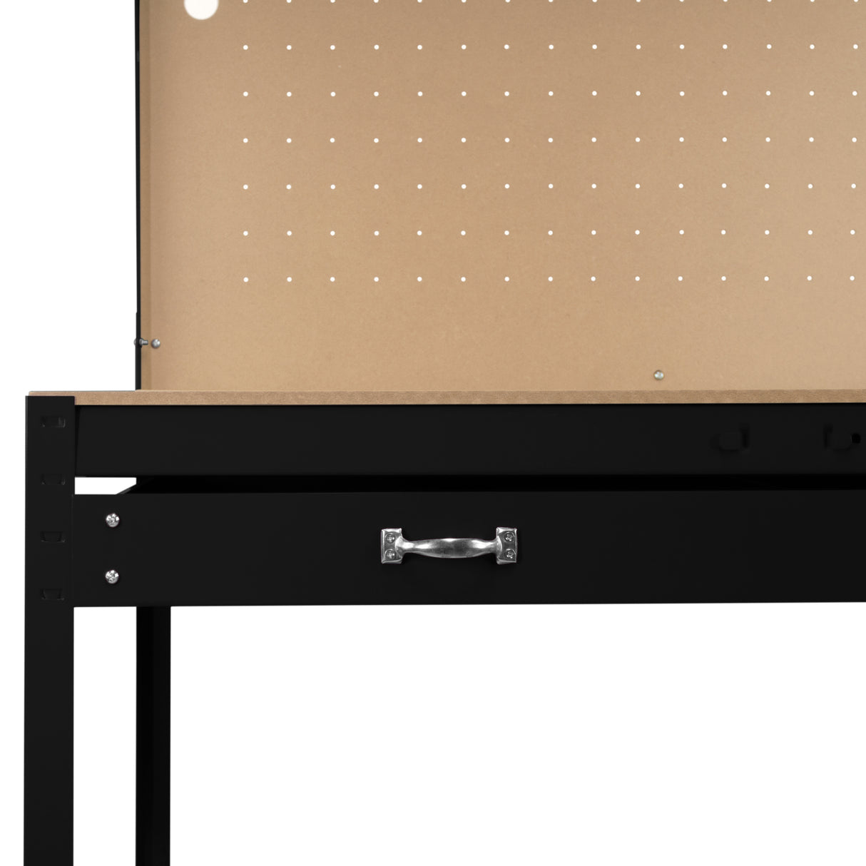 Établi de travail noir en acier de 120 cm avec tiroir, surface en bois clair et panneau perforé pour outils, éclairage LED blanc froid