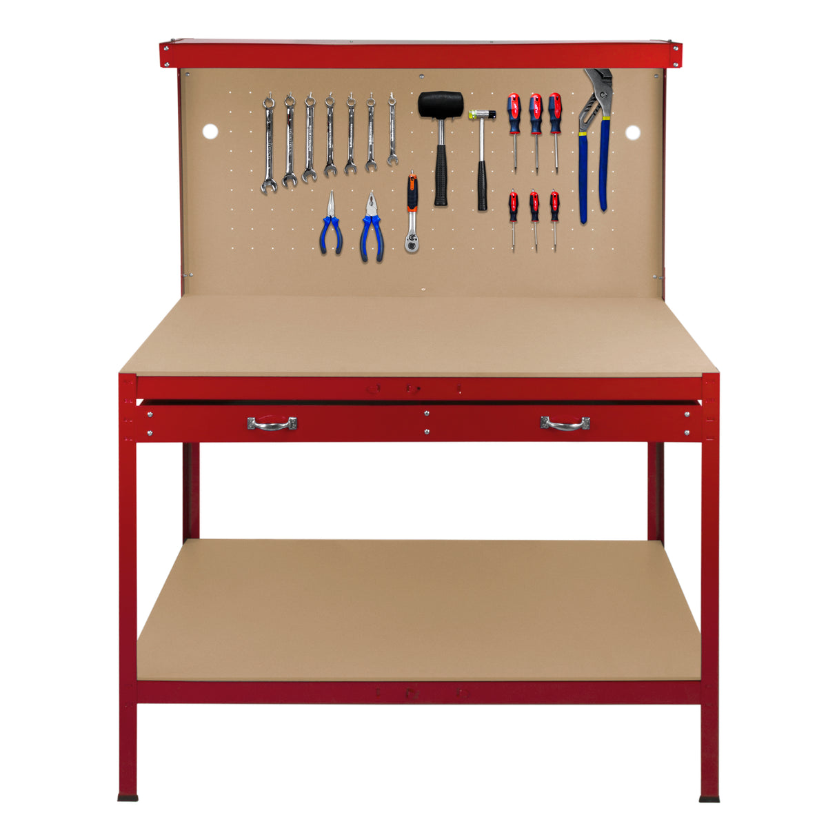Établi de travail rouge de 120 cm avec tiroir, éclairage LED blanc froid, et outils suspendus sur un panneau beige en acier