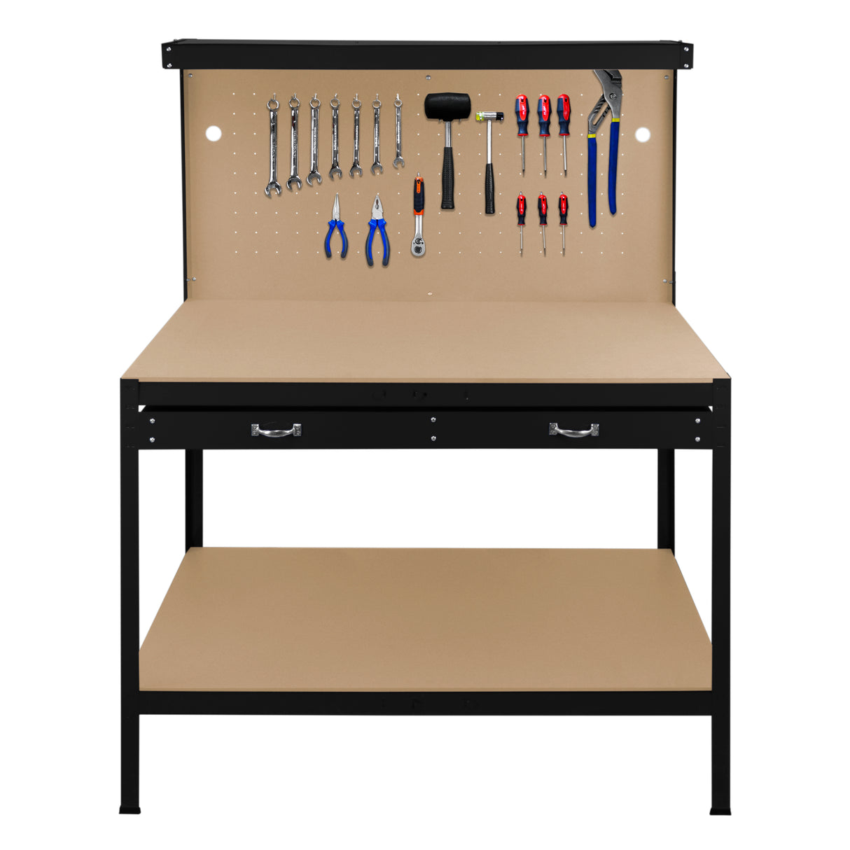 Établi de travail noir de 120 cm avec tiroir, surface beige, éclairage LED blanc froid et outils suspendus sur panneau perforé