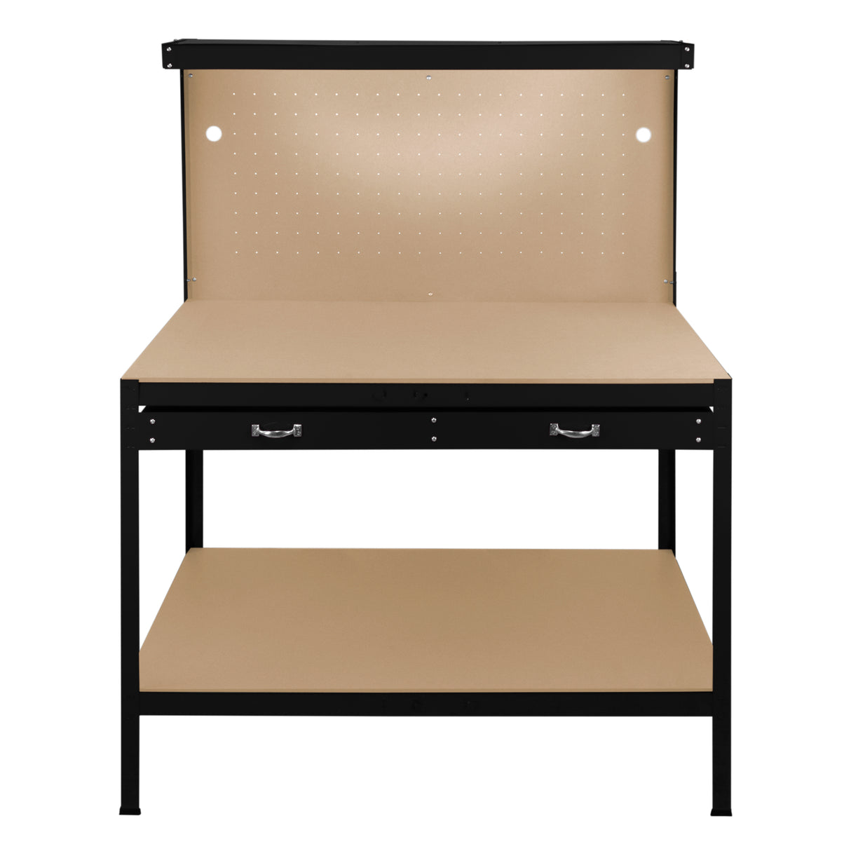 Établi de travail noir en acier de 120 cm avec tiroir, plan de travail beige et éclairage LED blanc froid, surface lisse et robuste