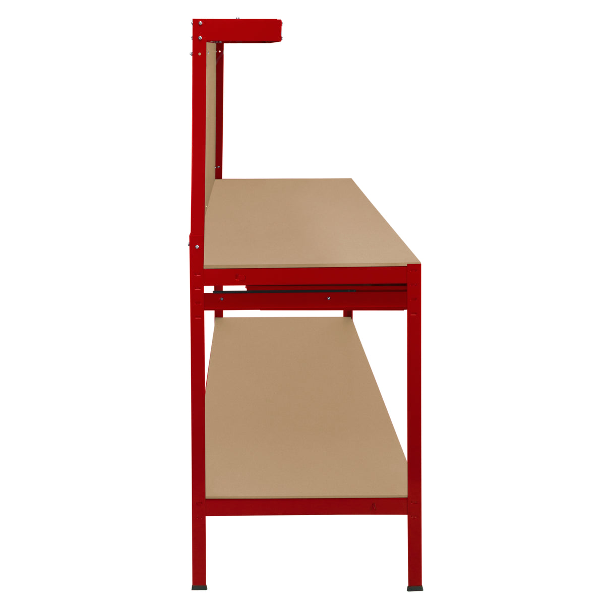 Établi de travail rouge en acier de 120 cm avec tiroir et éclairage LED blanc froid, surface de travail en bois beige lisse