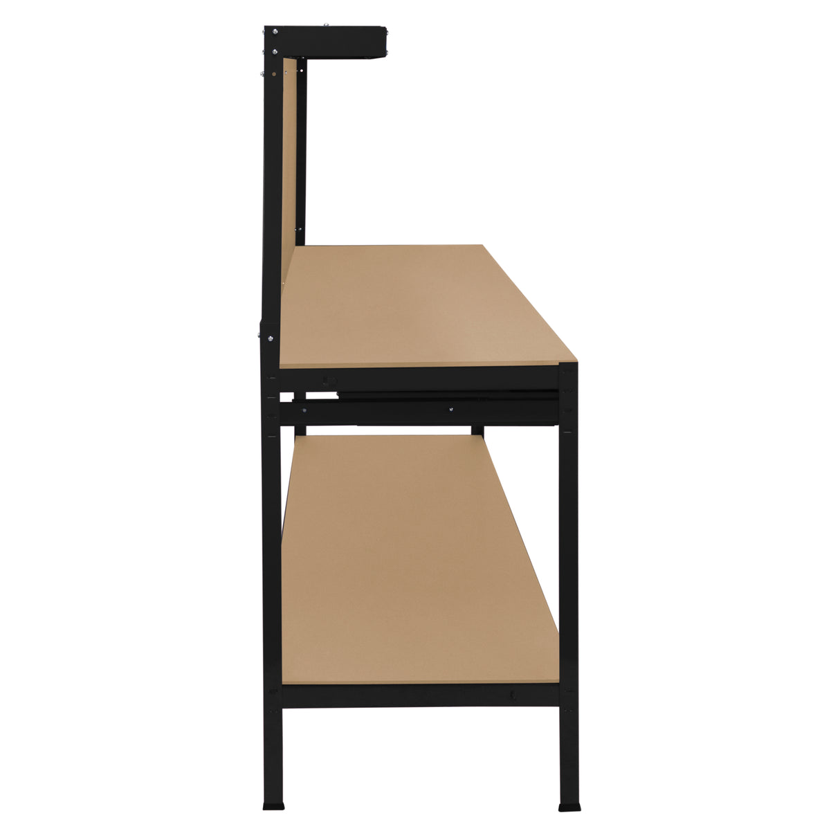 Établi de travail noir en acier avec surface en bois clair, tiroir intégré et éclairage LED blanc froid, design moderne et fonctionnel