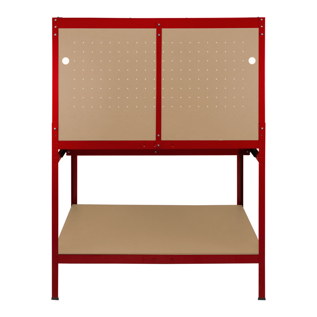 Établi de travail rouge en acier avec tiroir, surface beige et éclairage LED blanc froid, idéal pour l'atelier ou le garage