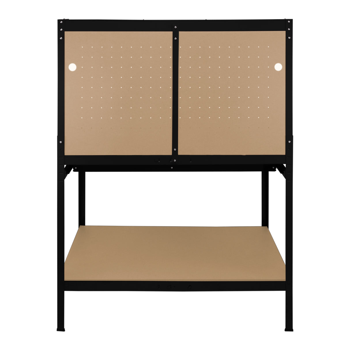 Établi de travail noir en acier avec tiroir, éclairage LED blanc froid, surface de travail beige et panneau perforé pour outils