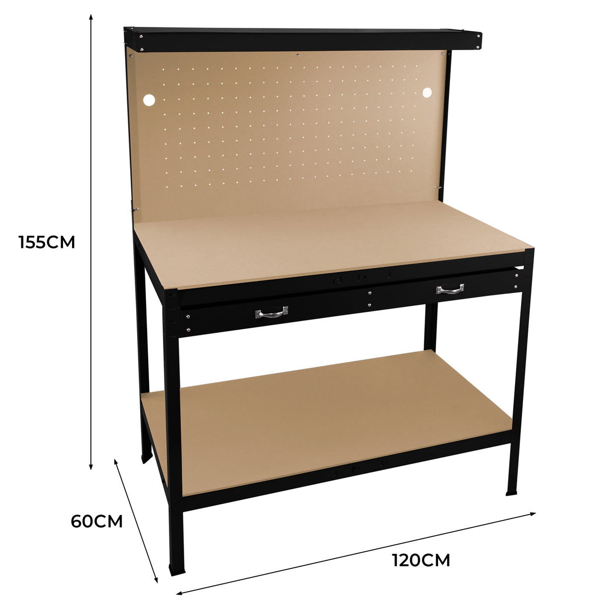 Établi de travail noir en acier de 120 cm avec tiroir, éclairage LED blanc froid, surface de travail lisse et fond perforé pour rangement