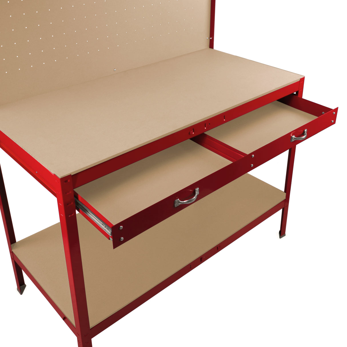 Établi de travail rouge en acier de 120 cm avec tiroirs en bois et éclairage LED blanc froid, surface lisse et robuste