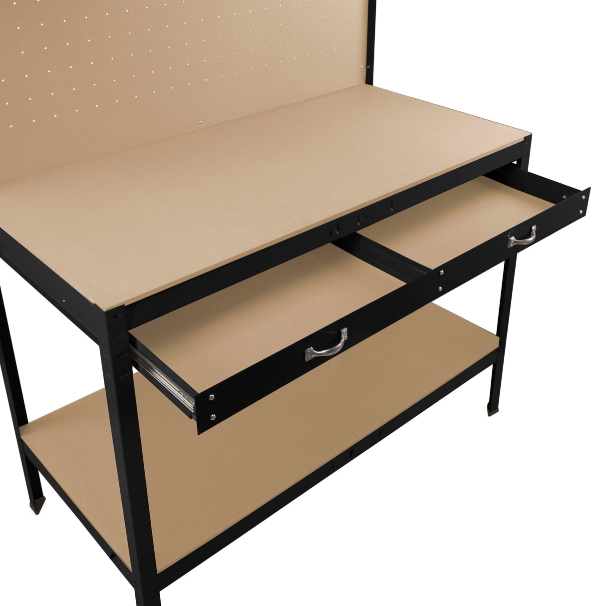 Établi de travail noir en acier avec tiroirs en métal, surface de travail beige, éclairage LED blanc froid intégré, design moderne et fonctionnel