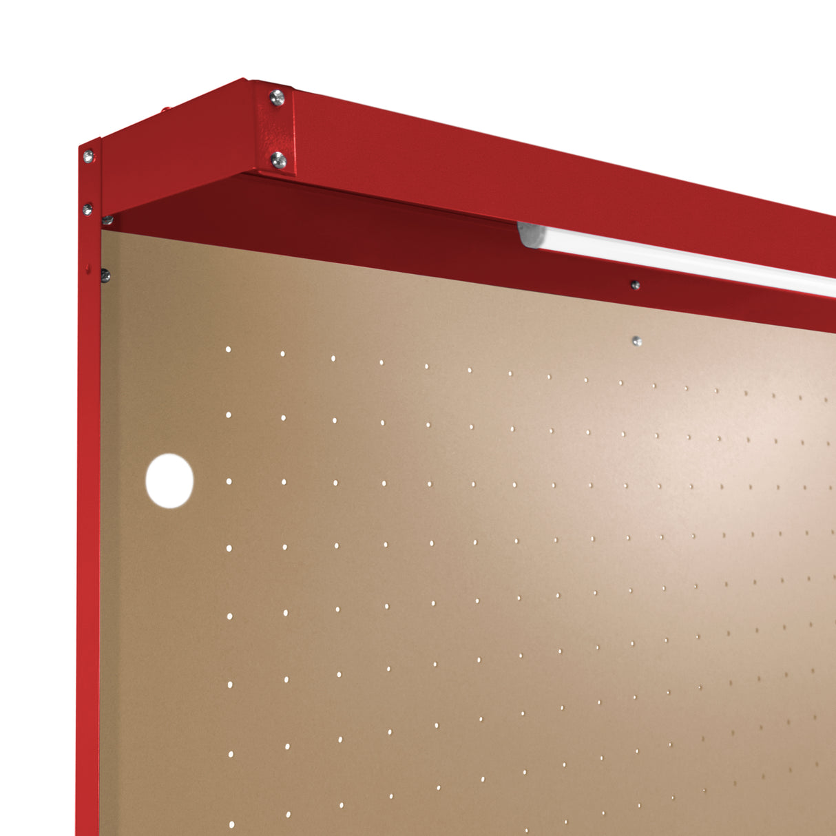Établi de travail rouge de 120 cm avec tiroir, éclairage LED blanc froid, surface en acier lisse et panneau perforé beige
