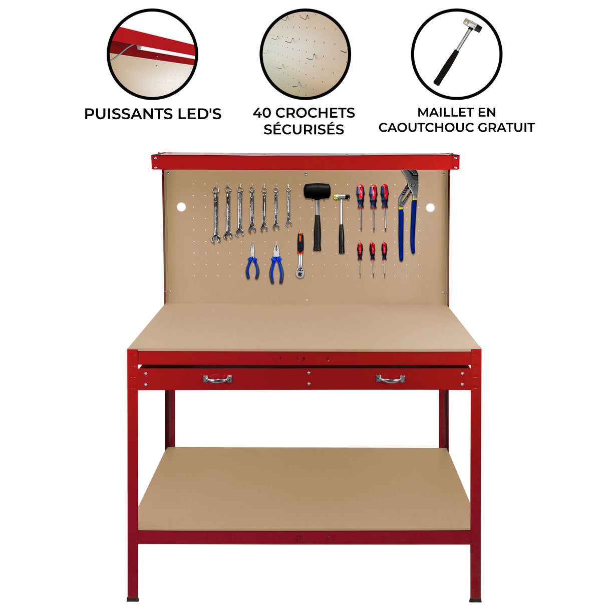 Établi de travail rouge de 120 cm avec tiroir, surface beige, éclairage LED blanc froid et outils suspendus sur un panneau perforé