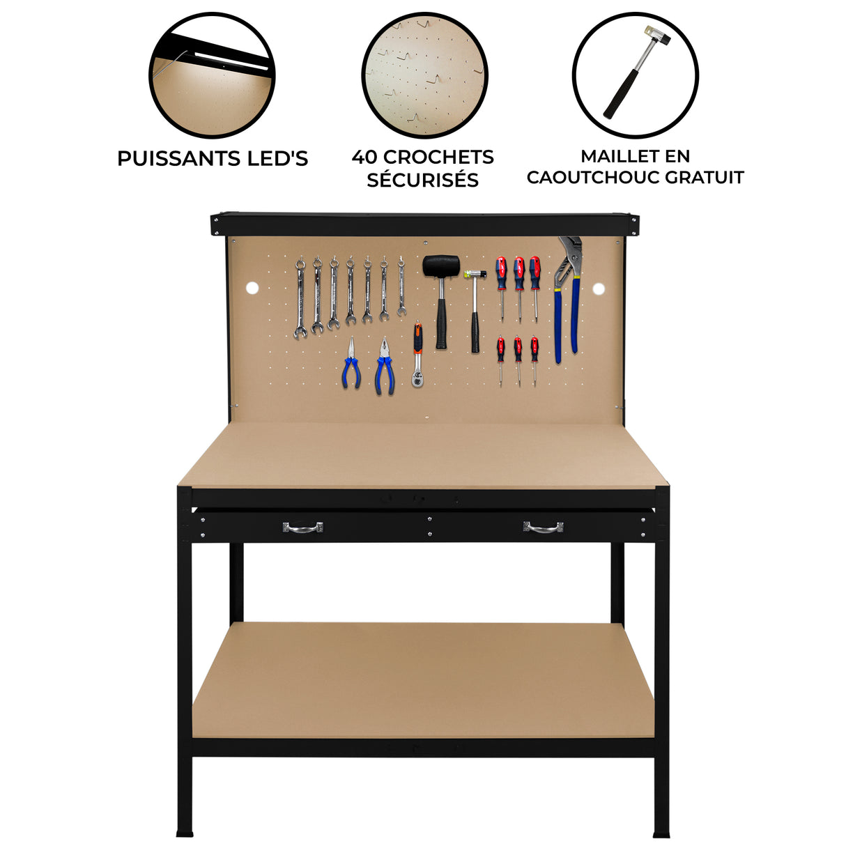 Établi de travail noir de 120 cm avec tiroir, éclairage LED blanc froid, surface beige et crochets pour outils sécurisés