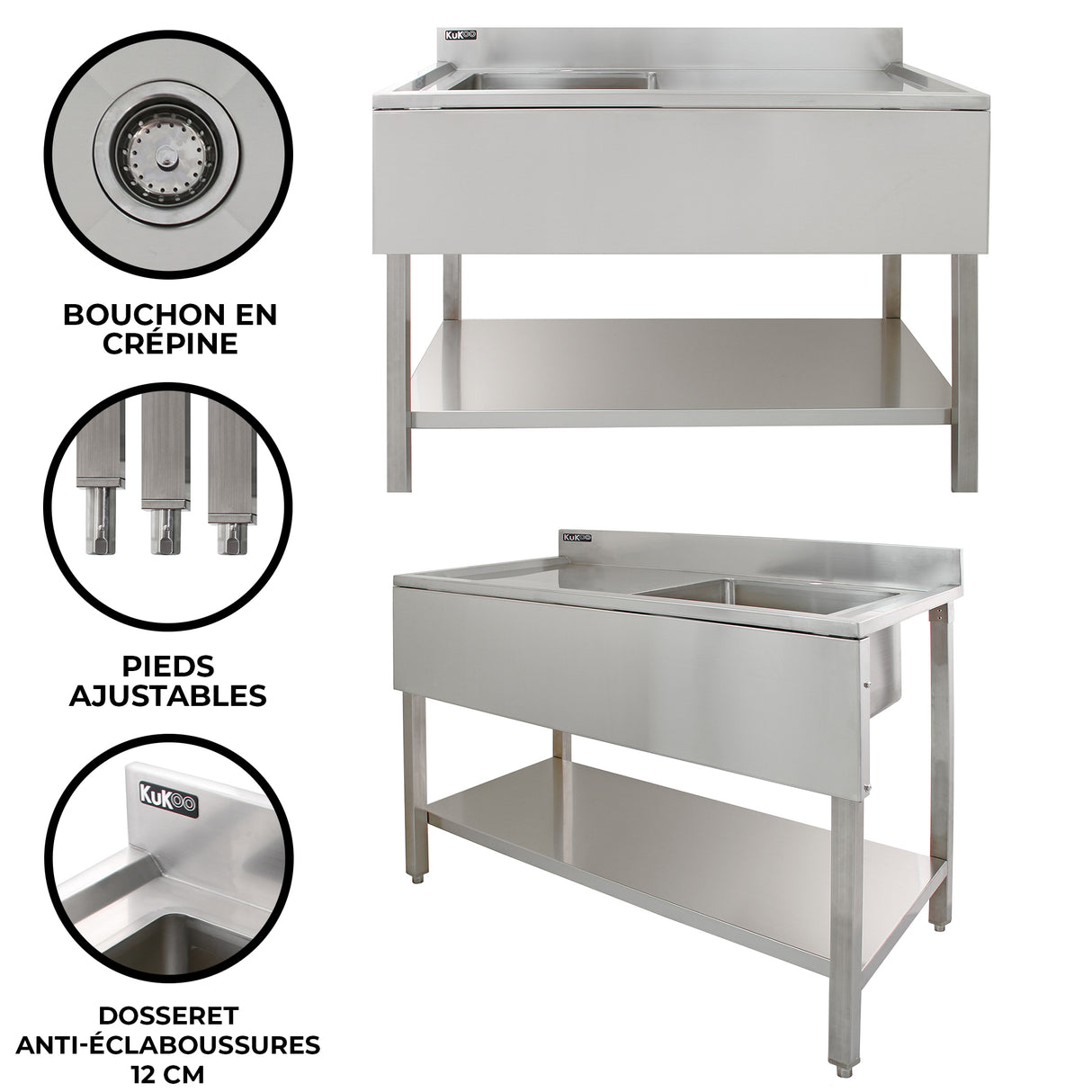KuKoo Évier Commercial à 1 Cuve - Égouttoir à Gauche