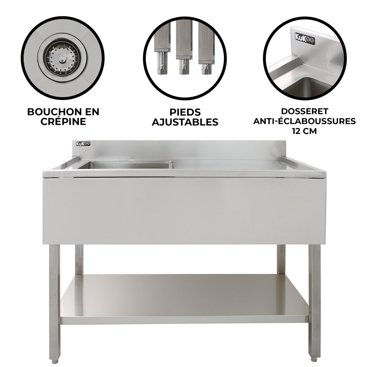 KuKoo Évier Commercial à 1 Cuve - Égouttoir à Droite