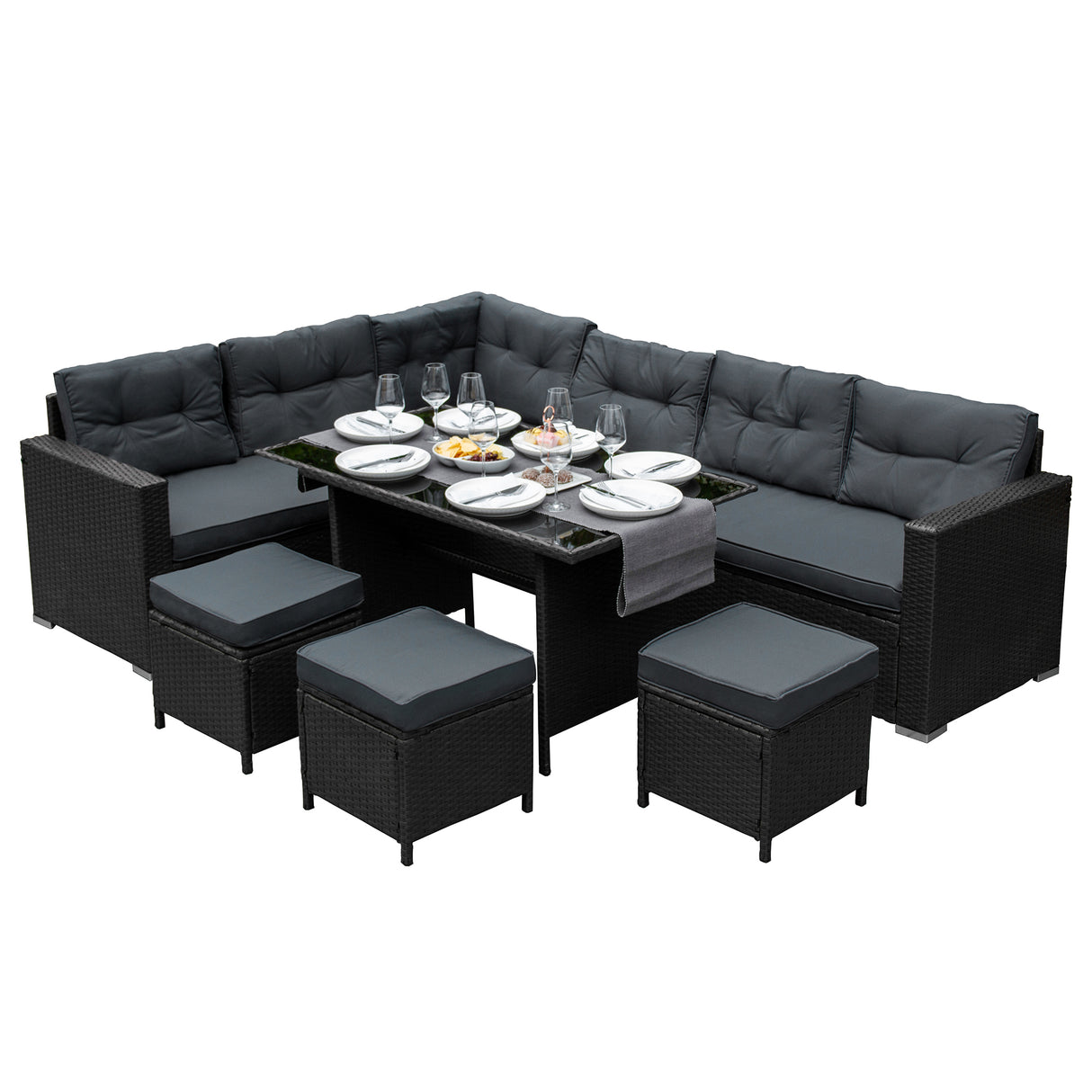 Salon de jardin en rotin noir pour 9 personnes, avec coussins gris, table en verre et poufs assortis, parfait pour l'extérieur