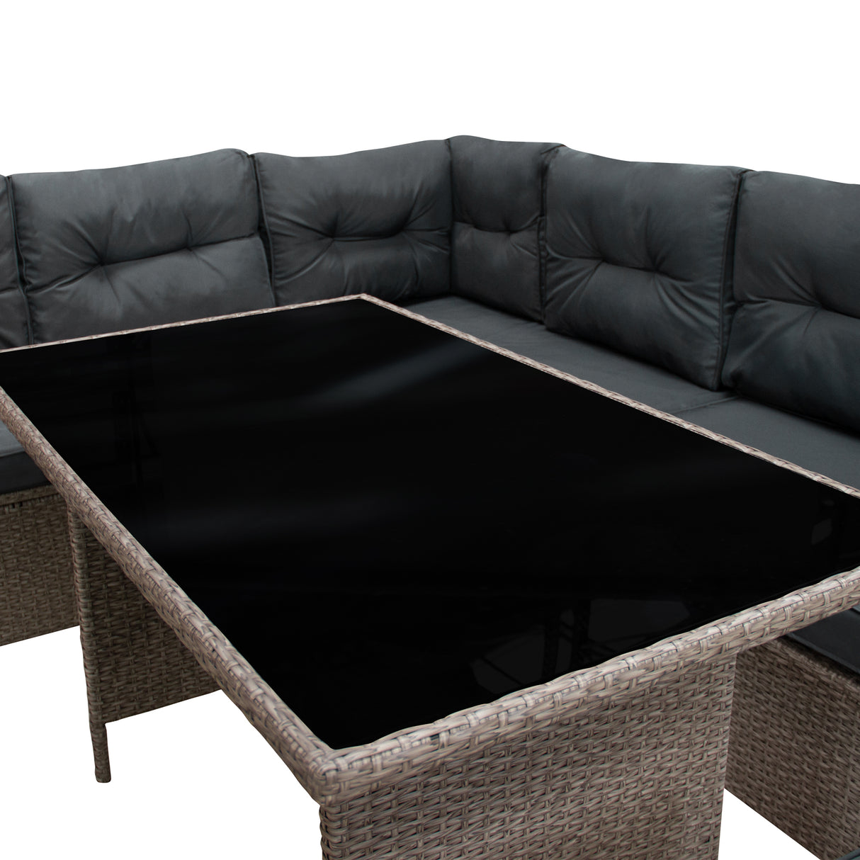 Salon de jardin en rotin gris pour 9 personnes, avec coussins noirs confortables et table en verre noir, design moderne et élégant