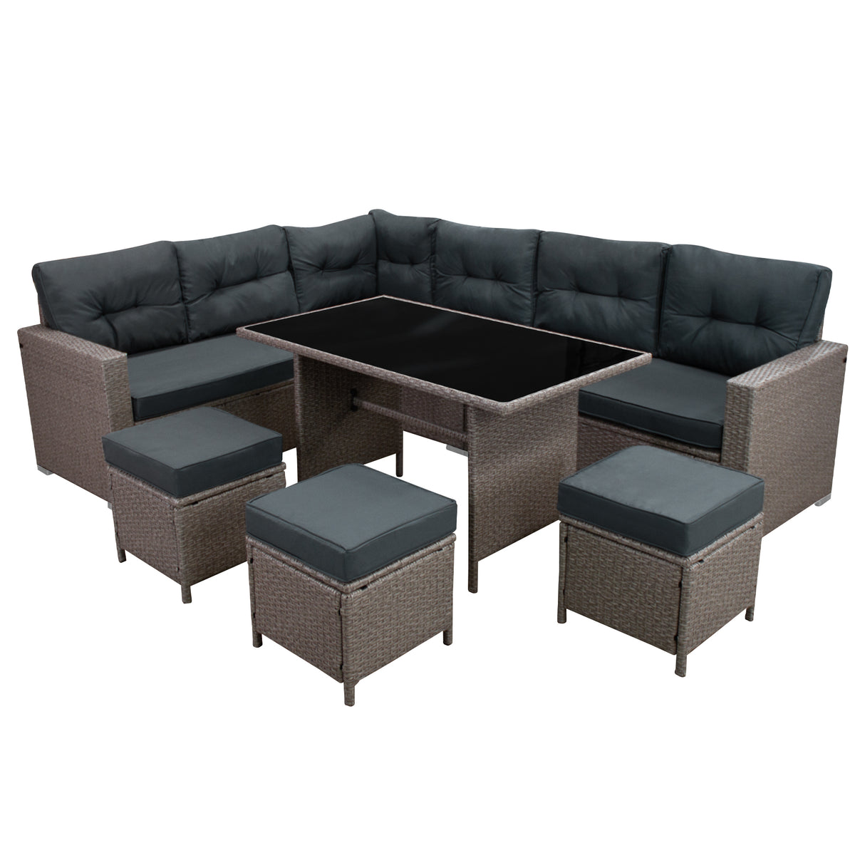 Salon de jardin en rotin gris pour 9 personnes, avec coussins noirs, table en verre noir, design moderne et confortable