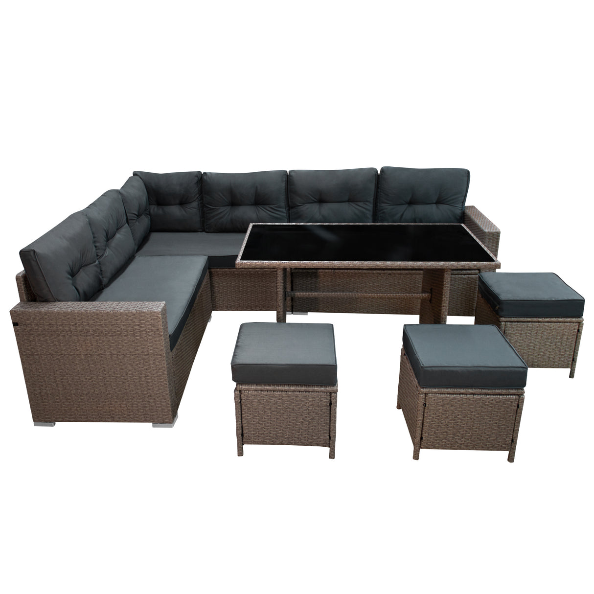 Salon de jardin en rotin gris pour 9 personnes, avec coussins noirs, table en verre et poufs assortis, idéal pour l'extérieur