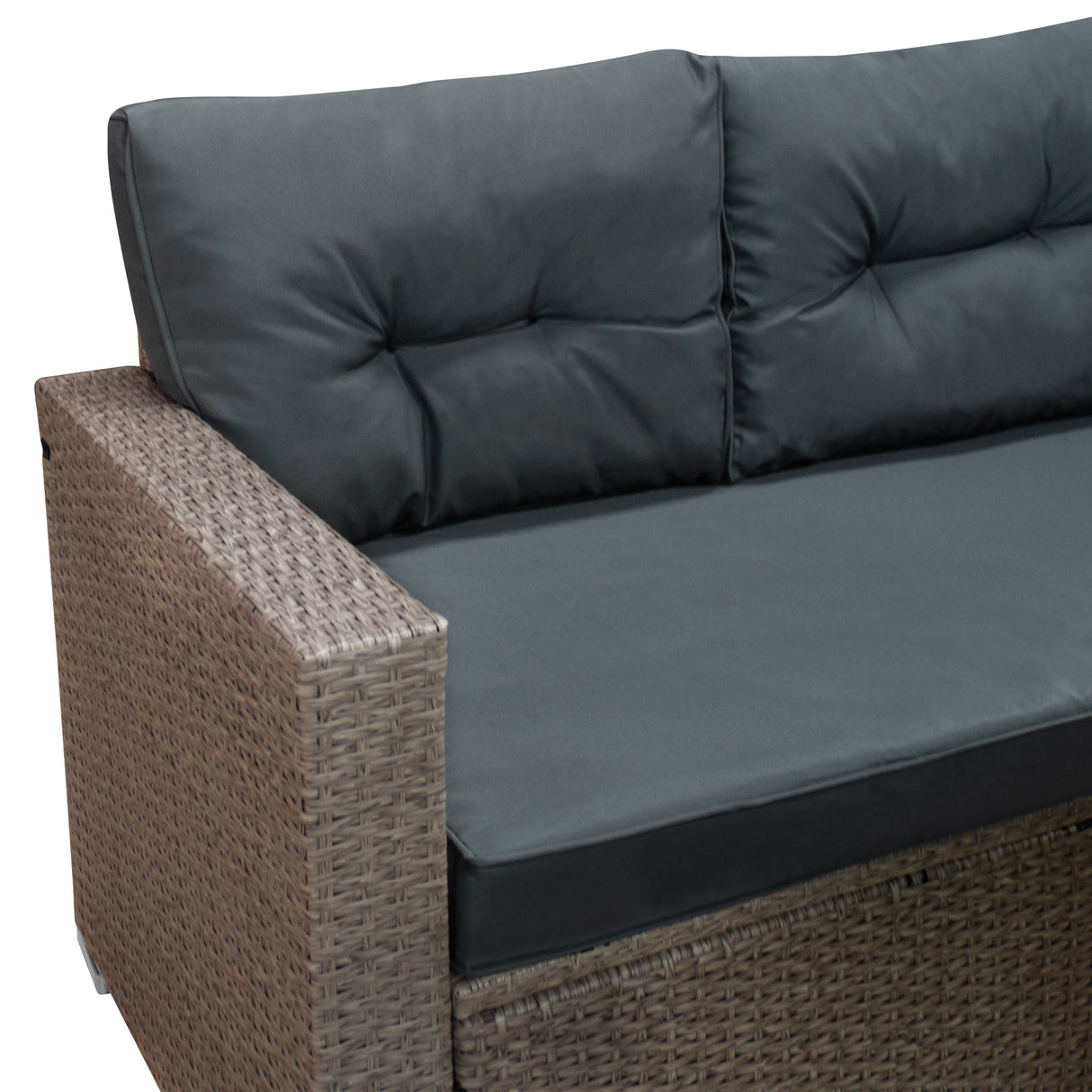 Canapé de jardin en rotin gris avec coussins rembourrés, design moderne, idéal pour accueillir jusqu'à neuf personnes en extérieur