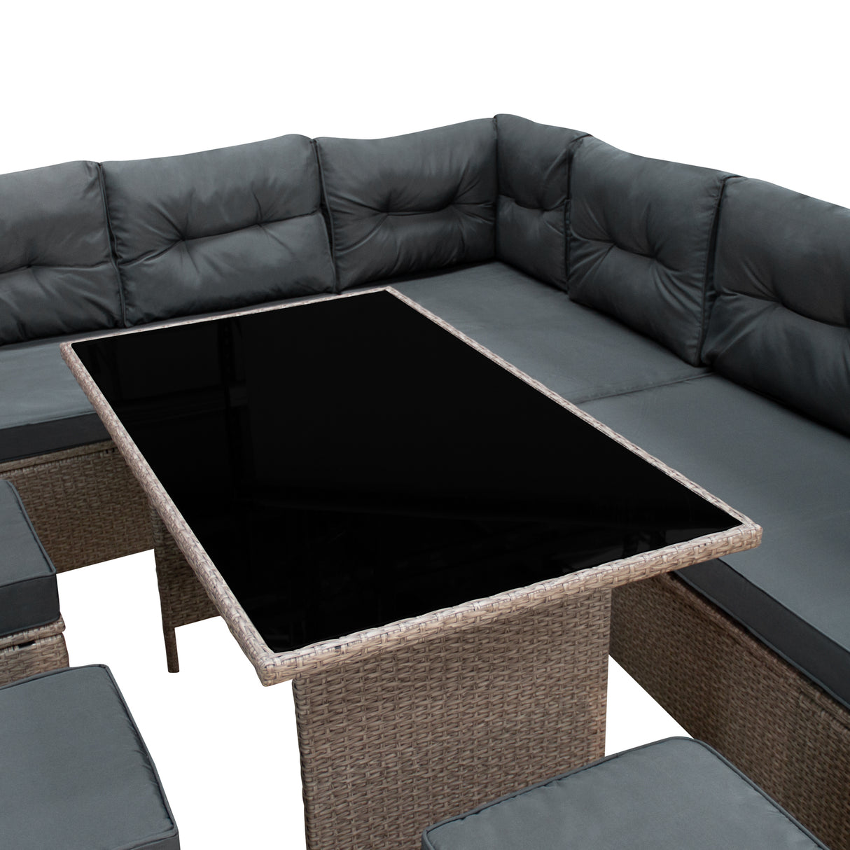 Salon de jardin en rotin gris pour 9 personnes, avec coussins confortables et table en verre noir, design moderne et élégant