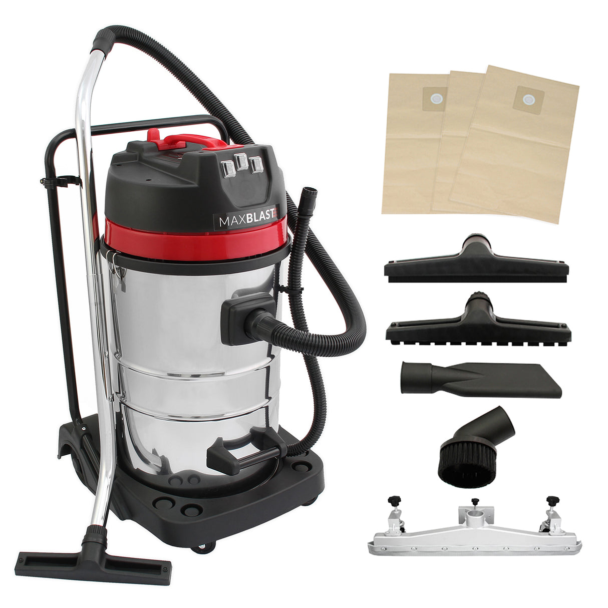Aspirateur industriel MAXBLAST de 80 L en acier inoxydable avec accessoires noirs et rouges, incluant 3 sacs en papier et divers embouts