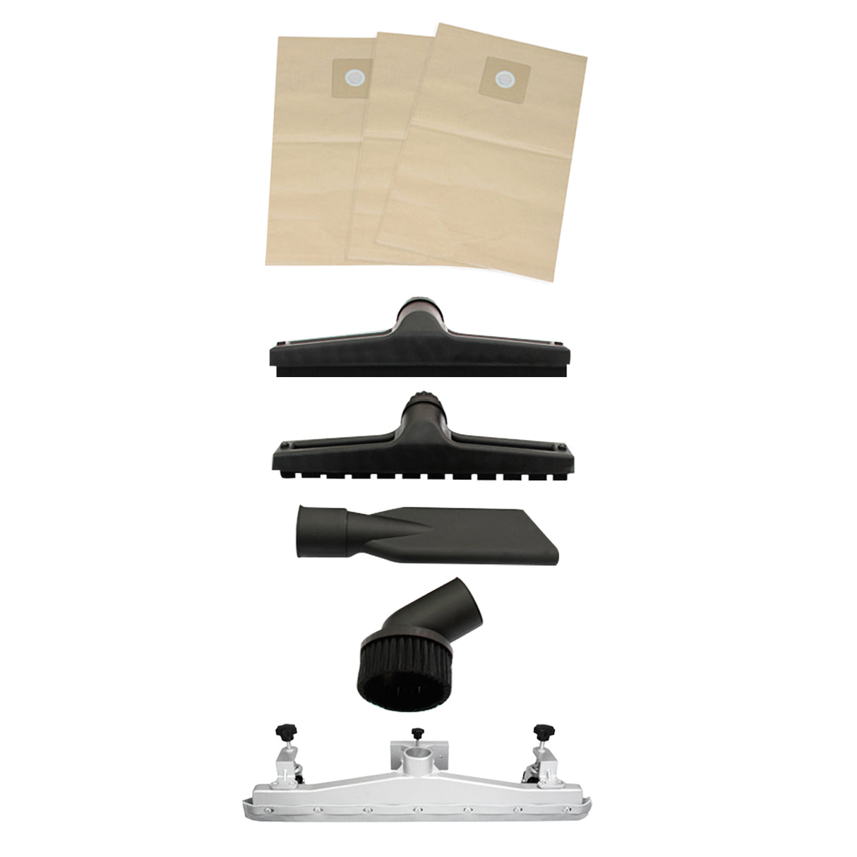 Accessoires d'aspirateur industriel MAXBLAST, incluant 5 outils en plastique noir et 3 sacs en papier beige, pratiques et durables