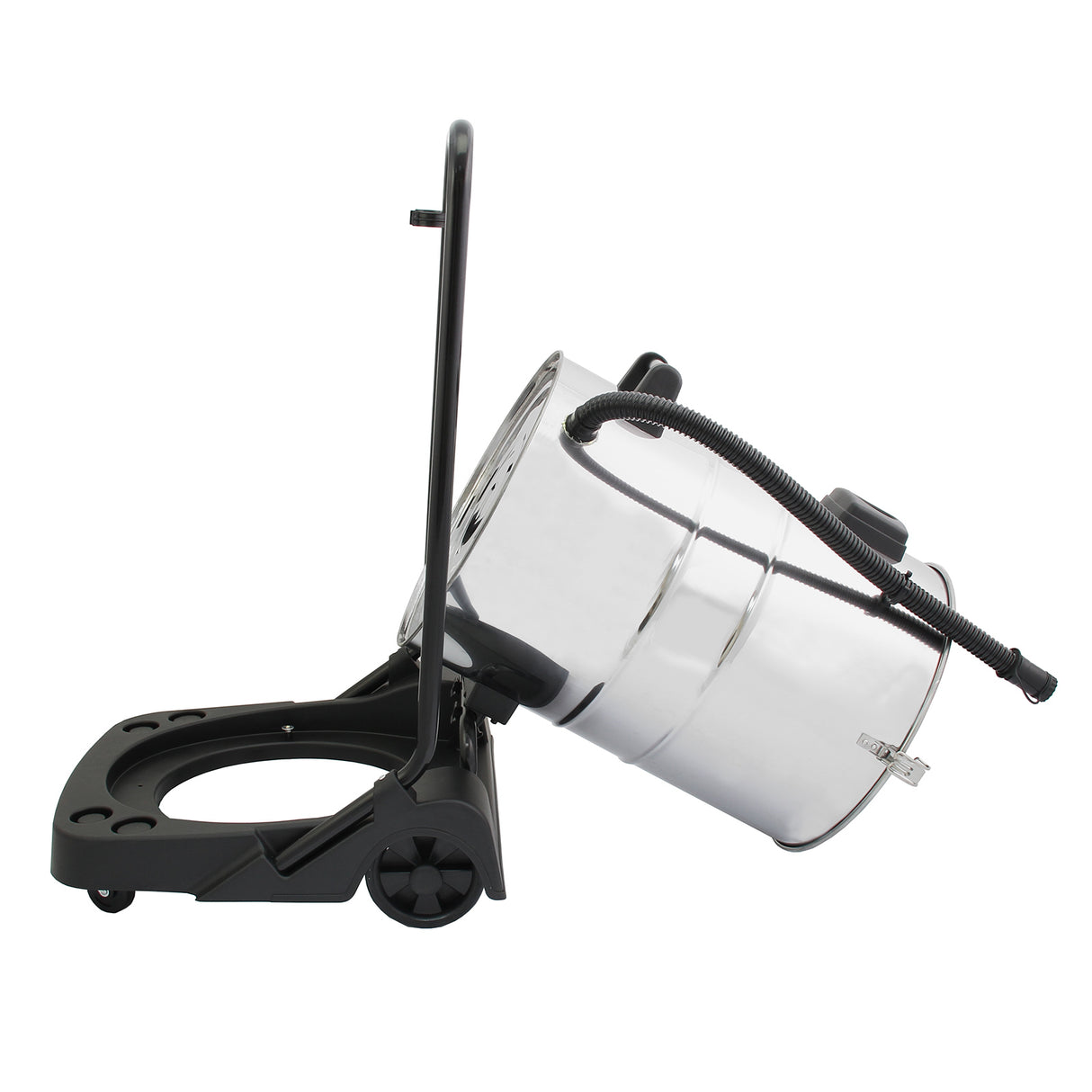 Aspirateur industriel MAXBLAST de 80 L avec un réservoir en métal argenté, roulettes noires et accessoires inclus pour un nettoyage efficace
