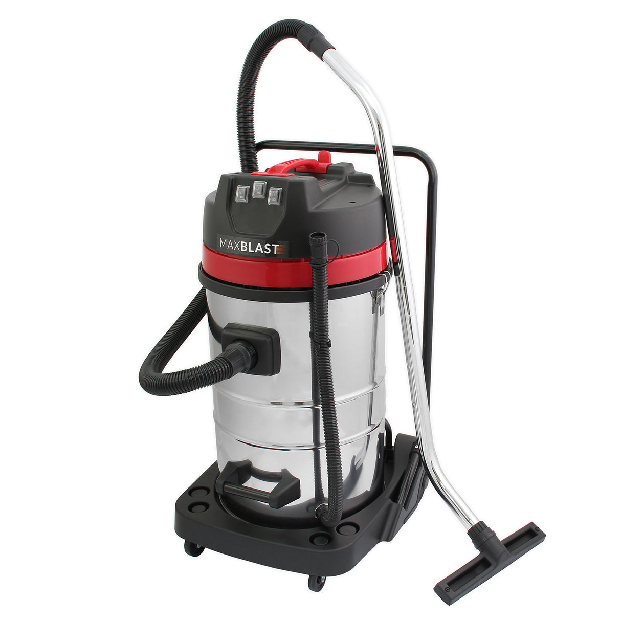 Aspirateur industriel MAXBLAST de 80 L en acier inoxydable, avec accessoires noirs et rouges, tuyau flexible et roulettes pour mobilité