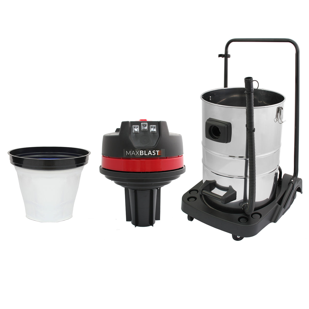 Aspirateur industriel MAXBLAST de 80 L avec accessoires, sac en plastique blanc, réservoir en acier inoxydable et base noire robuste