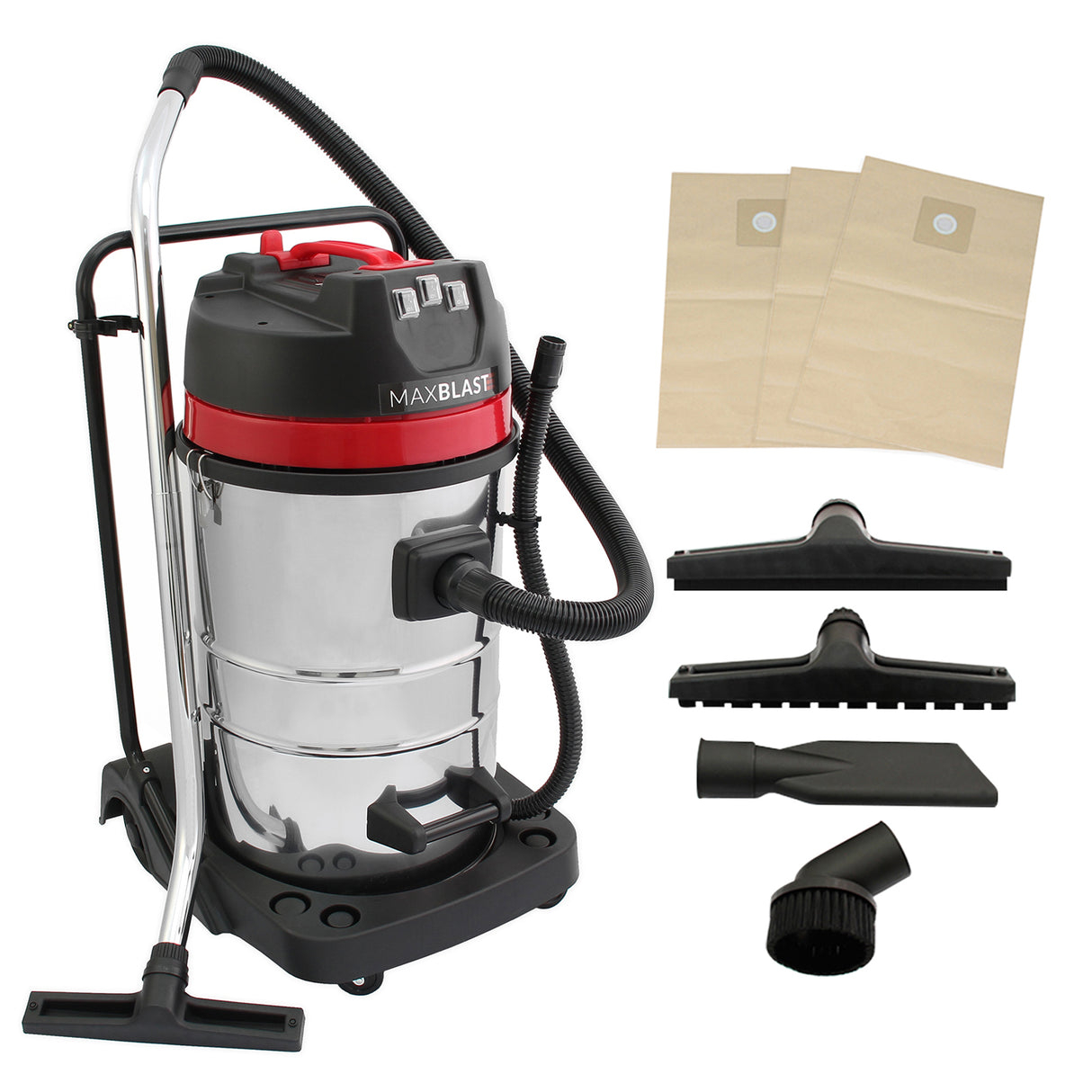 Aspirateur industriel MAXBLAST de 80 L en acier inoxydable, avec accessoires noirs et sacs en papier, design robuste et fonctionnel