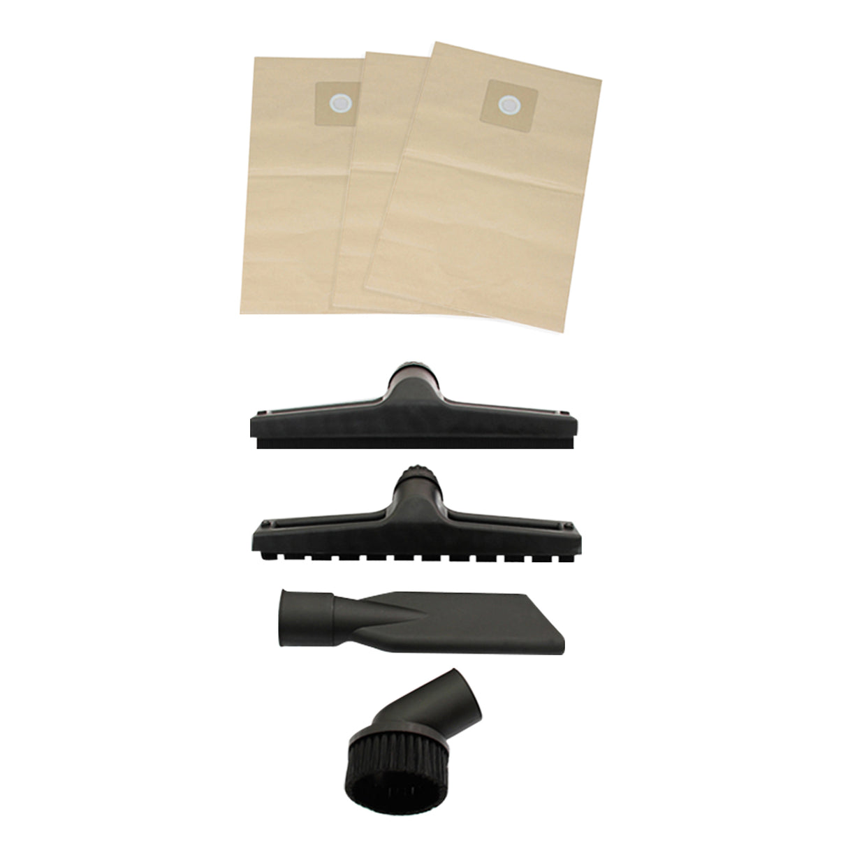 Accessoires pour aspirateur industriel MAXBLAST, incluant deux sacs en papier, brosse large, suceur plat et brosse ronde, tous en noir et beige