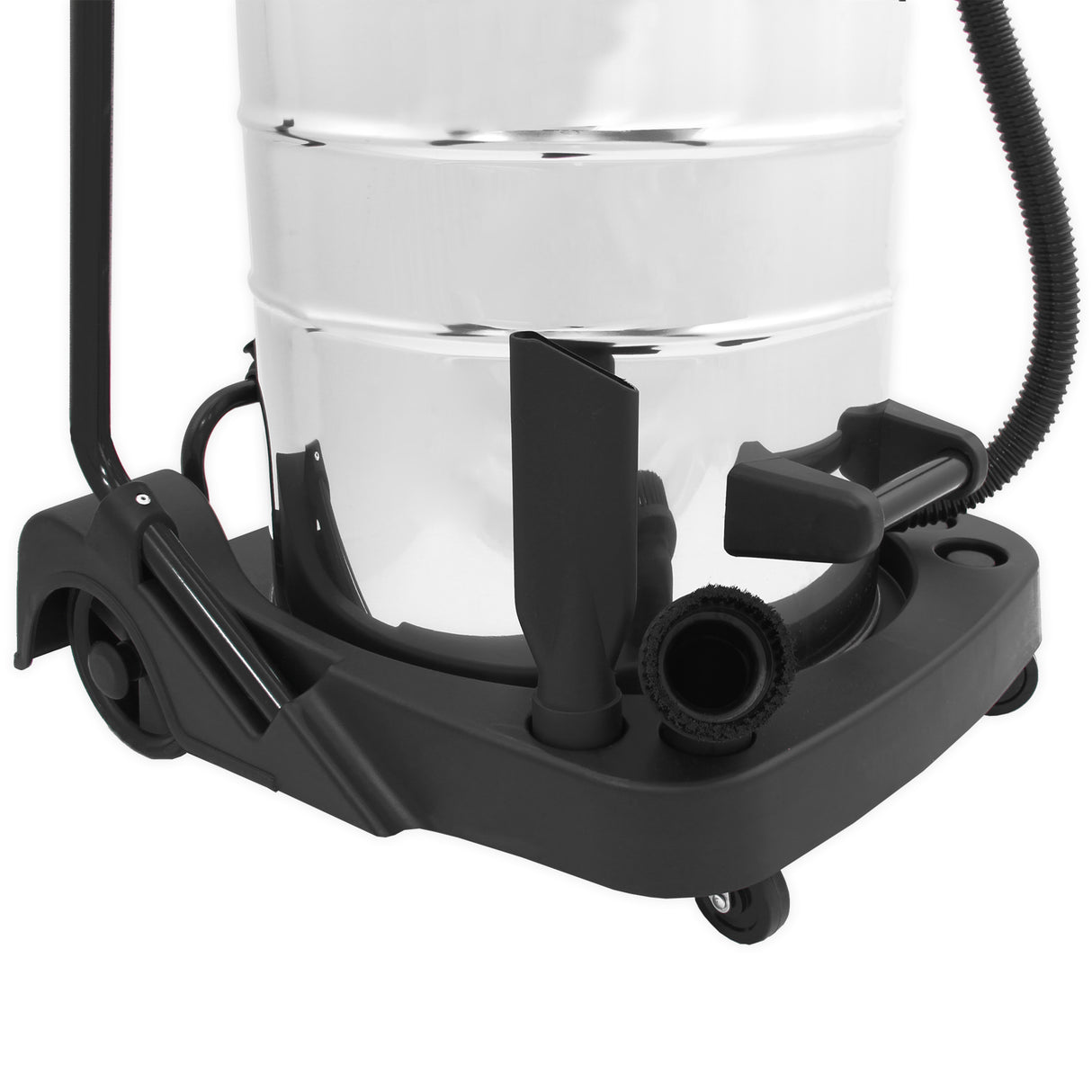 Aspirateur industriel MAXBLAST de 80 L avec finition en acier inoxydable, roues noires et accessoires pratiques pour un nettoyage efficace