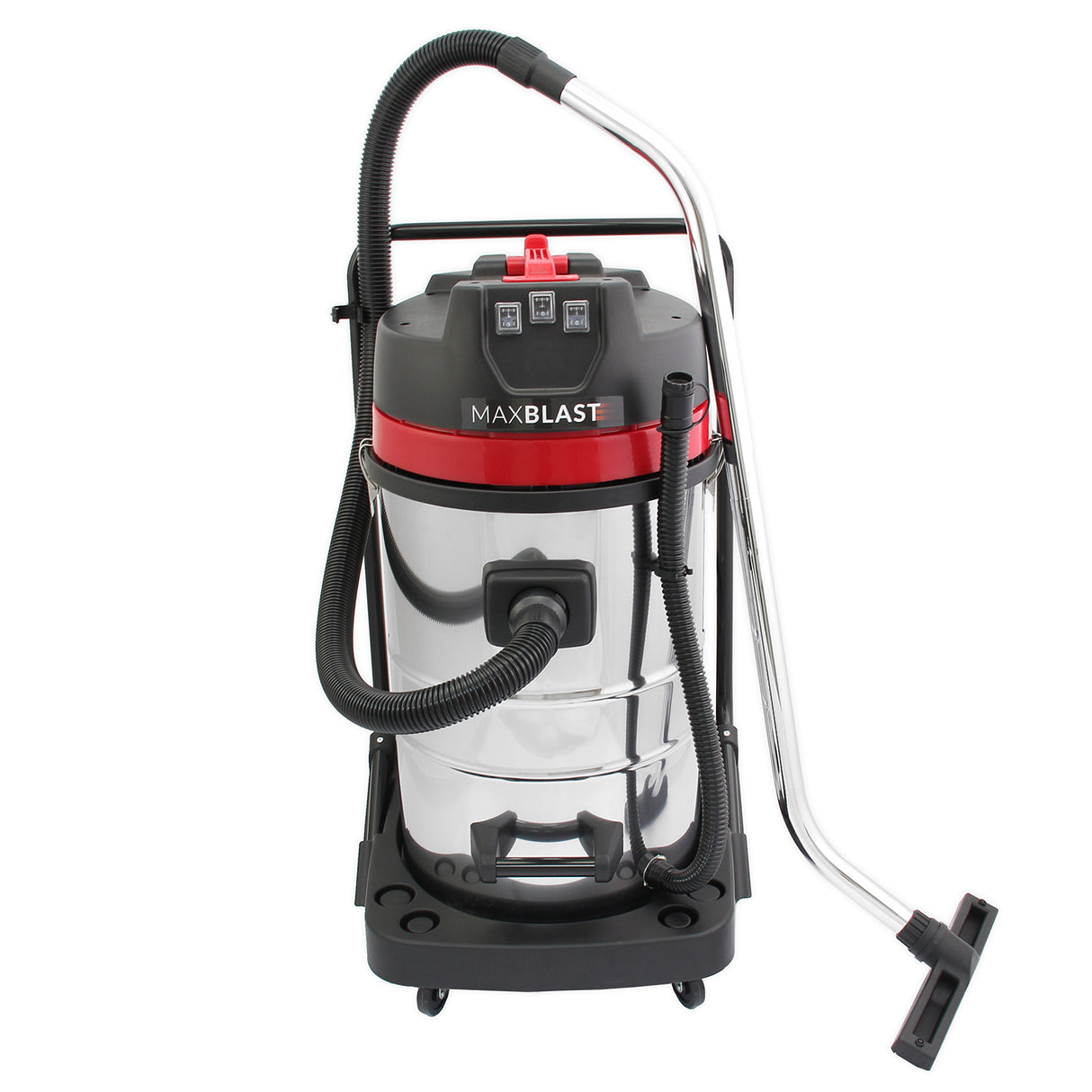 Aspirateur industriel MAXBLAST de 80 L en acier inoxydable, avec accessoires noirs et rouges, flexible et tuyau en plastique, design robuste