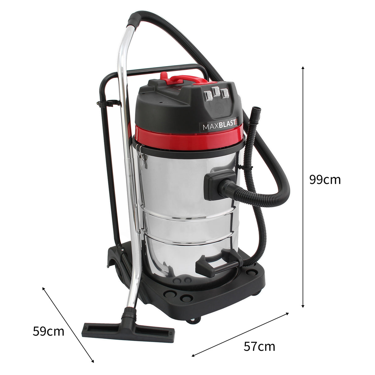 Aspirateur industriel MAXBLAST de 80 L avec finition en acier inoxydable, accessoires noirs et rouge, dimensions 99 cm de hauteur, 57 cm de largeur, 59 cm de profondeur