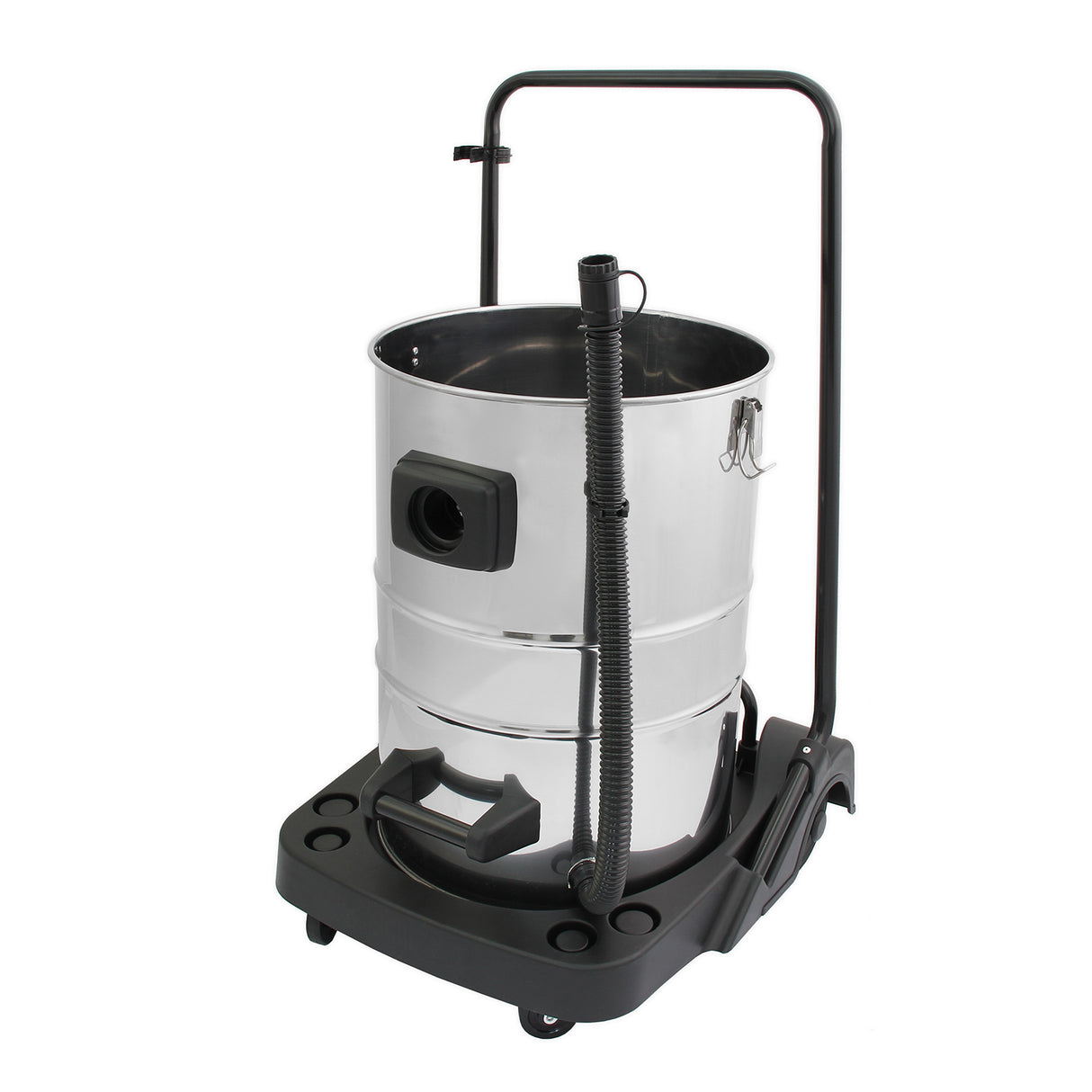 Aspirateur industriel MAXBLAST de 80 L en acier inoxydable, avec tuyau noir, roulettes et poignée pour un transport facile