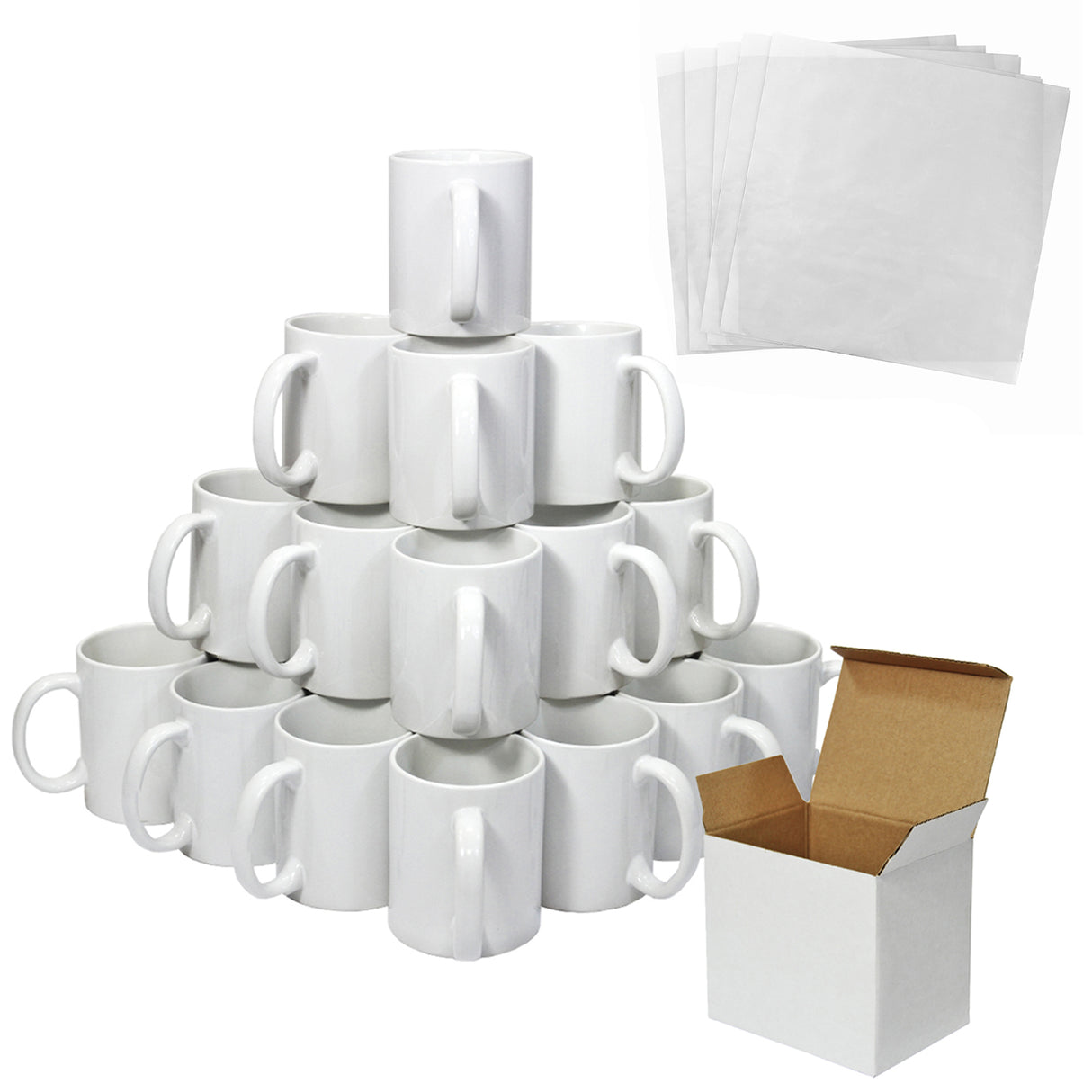 Tasses blanches en céramique empilées, accompagnées de boîtes en carton et de feuilles de sublimation pour personnalisation