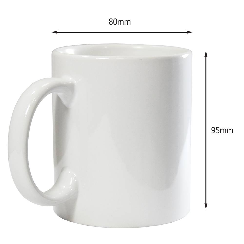 Tasse blanche en céramique de sublimation, dimensions 80mm de diamètre et 95mm de hauteur, idéale pour personnalisation créative