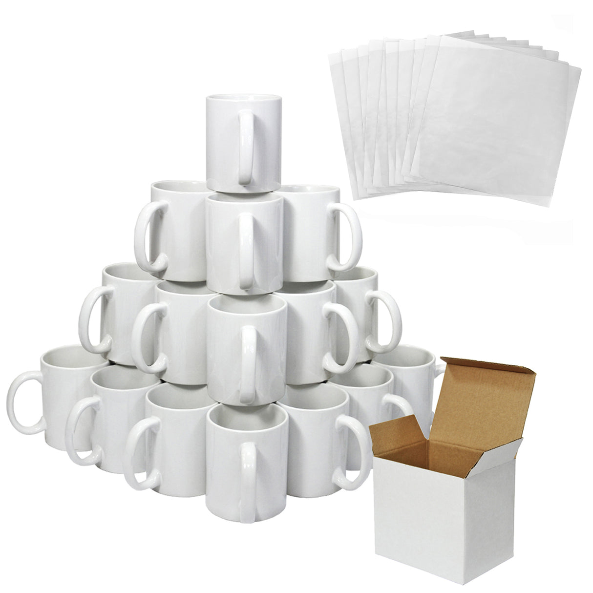 Lot de 72 tasses blanches en céramique empilées, accompagnées de 10 feuilles de sublimation et d'une boîte en carton marron