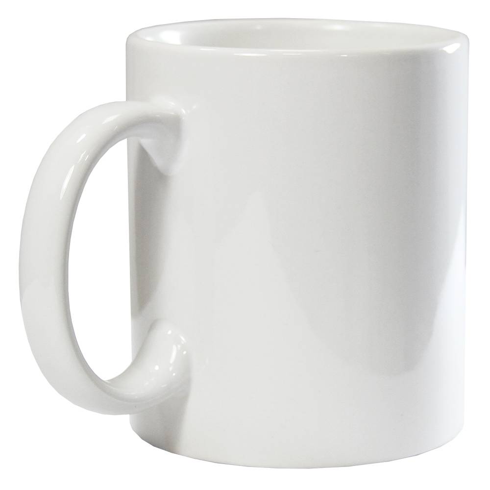 Tasse blanche en céramique lisse avec une poignée arrondie, idéale pour la sublimation et la personnalisation créative