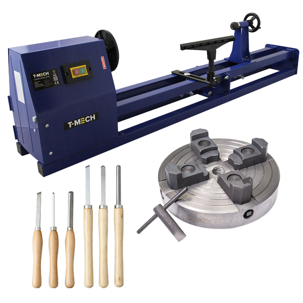 Tour à bois T-Mech bleu avec mandrin en métal et six outils en bois, idéal pour le travail du bois et la sculpture artisanale